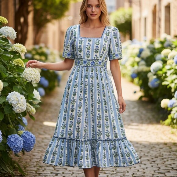 Pink City Prints Evelyn Dress Sky Lily Stripe Blue Floral Block Print Large - Picture 6 of 14